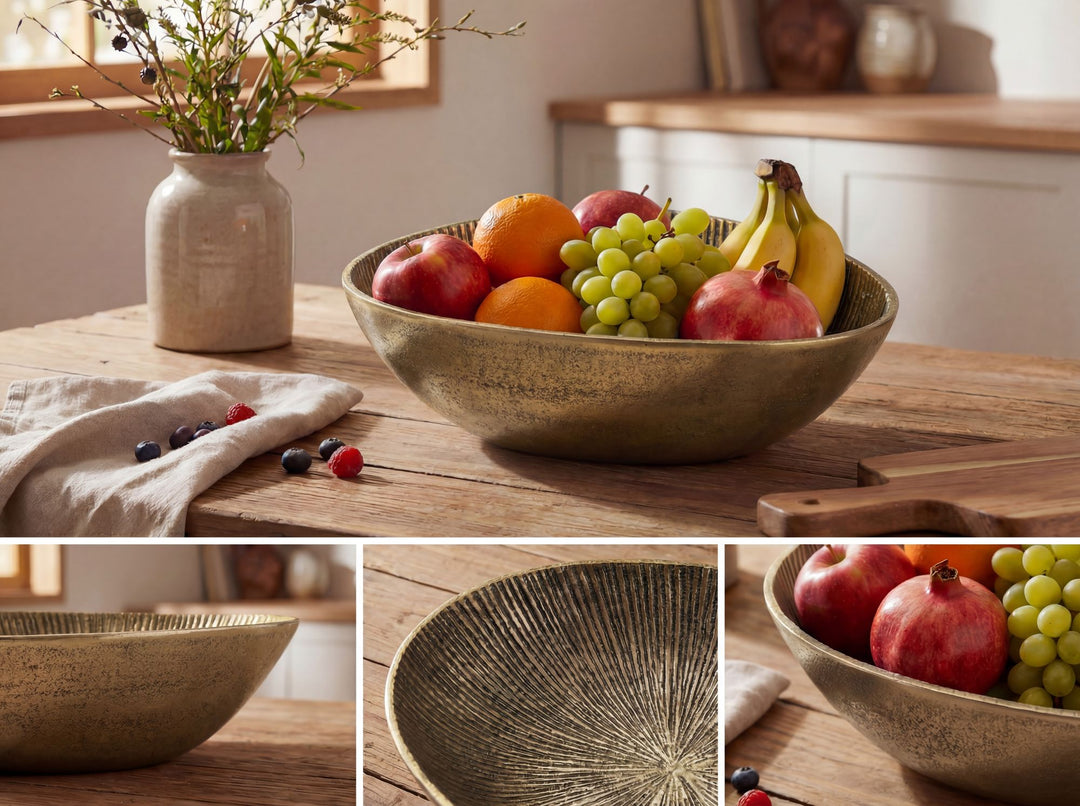 Frugtskål i guldfarvet metal 30 cm – oval borddekoration – moderne frugtskål med rillet design i aluminium – elegant håndlavet skål