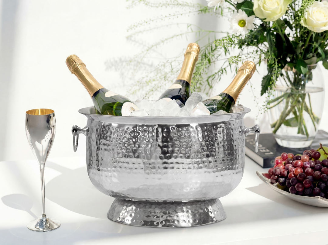 Champagnekøler med hamret finish – XXL flaske- og champagnekøler 37 cm til op til 6 flasker champagne, vin, mousserende vin eller øl – sølvfarvet drikkekøler og isspand – håndlavet