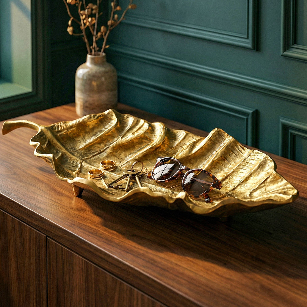 Dekorationsskål i aluminium - Bladdesign - 67 cm - Guld - Håndlavet