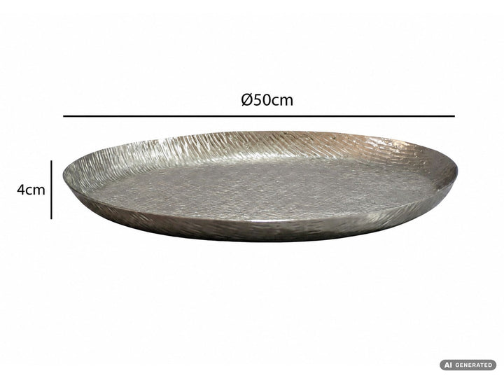 Dekorationsskål i sølvfarvet aluminium 50 cm – rund designskål i metal – dekorationsfad til bord – frugtskål og smykkeskål – håndlavet boligdekoration
