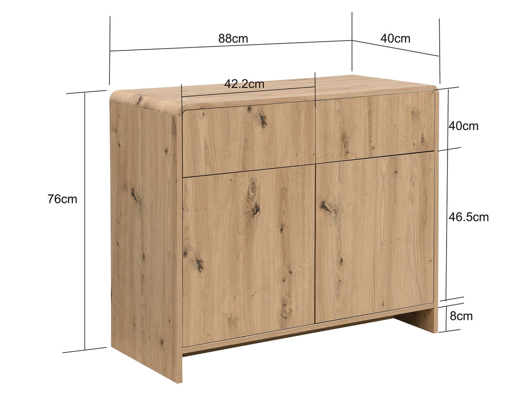Skænk i egetræslook med 2 låger og 2 skuffer - 88 cm - Push to Open