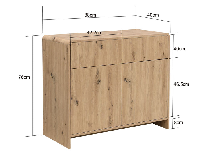 Skænk i egetræslook med 2 låger og 2 skuffer - 88 cm - Push to Open