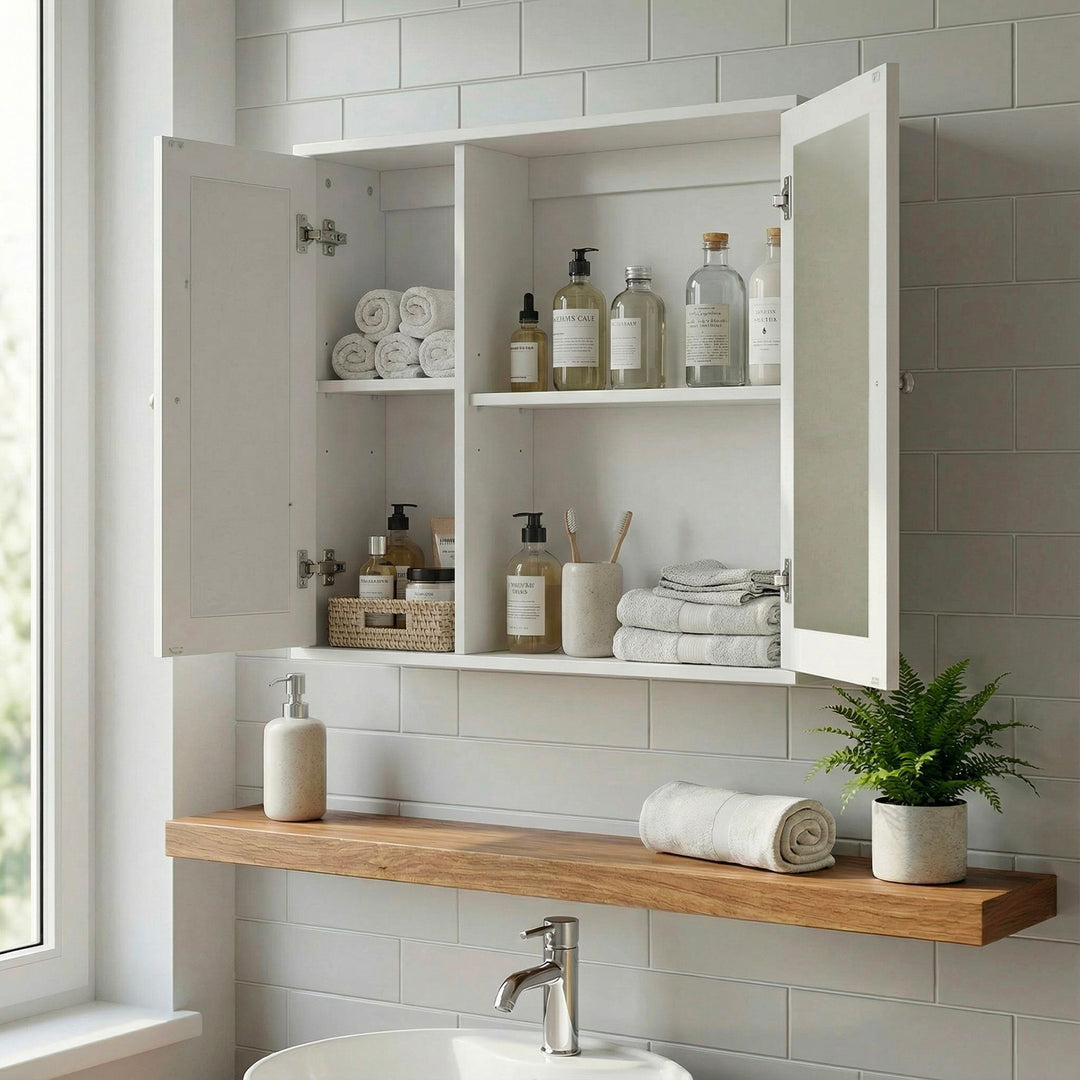 Spejlskab hvidt 60cm - Vægskab til badeværelse med 1 spejldør