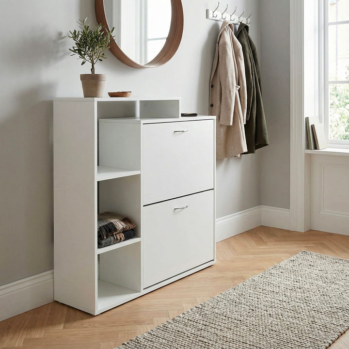 Moderne skoskab i træ med 2 rum, hvidt, 12 par sko, skoskab 85 x 24 x 93 cm