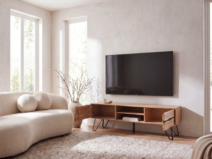 TV-bord i massivt akacietræ med bølgede fronter – 160 cm
