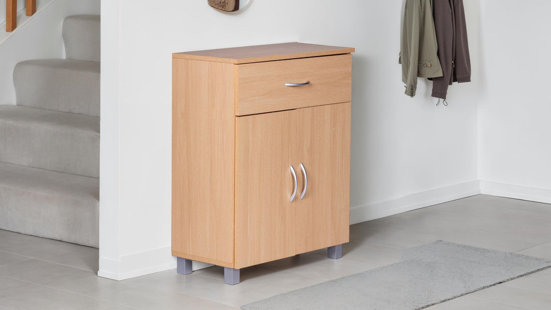 Skoskab med skuffe og 2 døre 60×75×30 cm, bøgetræslook, pladsbesparende skoskab lavet af melaminbelagt spånplade, entremøbel, moderne skoreol