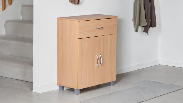 Skoskab med skuffe og 2 døre 60×75×30 cm, bøgetræslook, pladsbesparende skoskab lavet af melaminbelagt spånplade, entremøbel, moderne skoreol