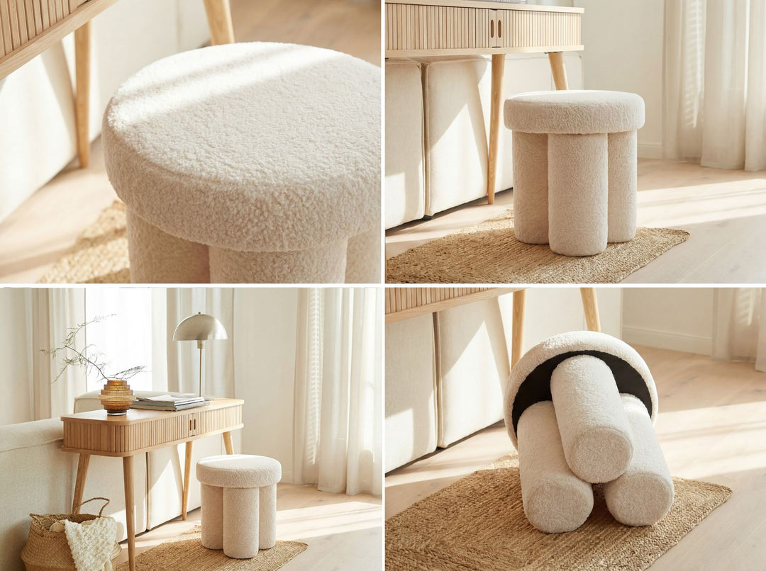 Puf i teddystof - Ø40 cm - Creme - Håndlavet