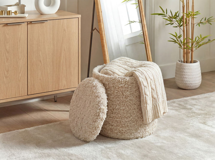 Puf med opbevaring i uld - Ø40 cm - Beige - Håndlavet