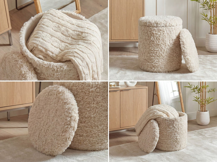 Puf med opbevaring i uld - Ø40 cm - Beige - Håndlavet