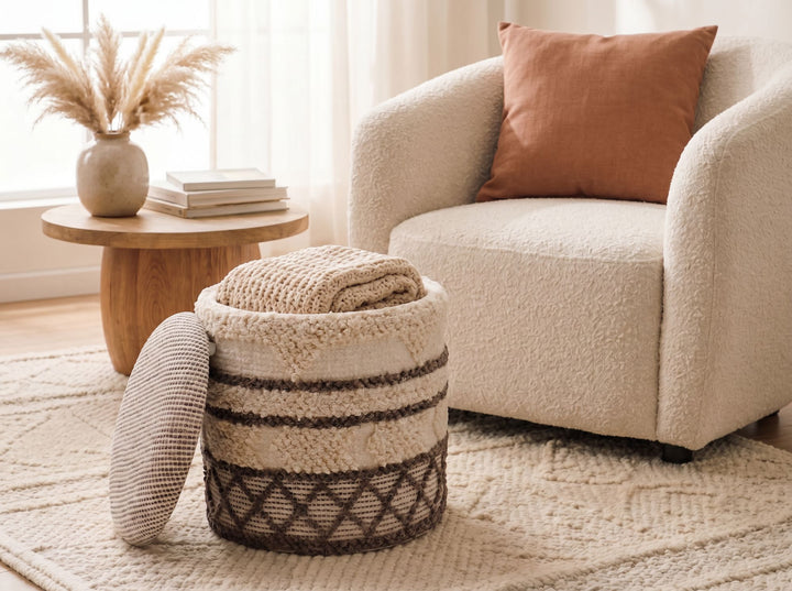 Puf med opbevaring i uld - Ø40 cm - Beige - Håndlavet