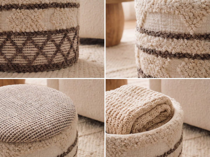 Puf med opbevaring i uld - Ø40 cm - Beige - Håndlavet