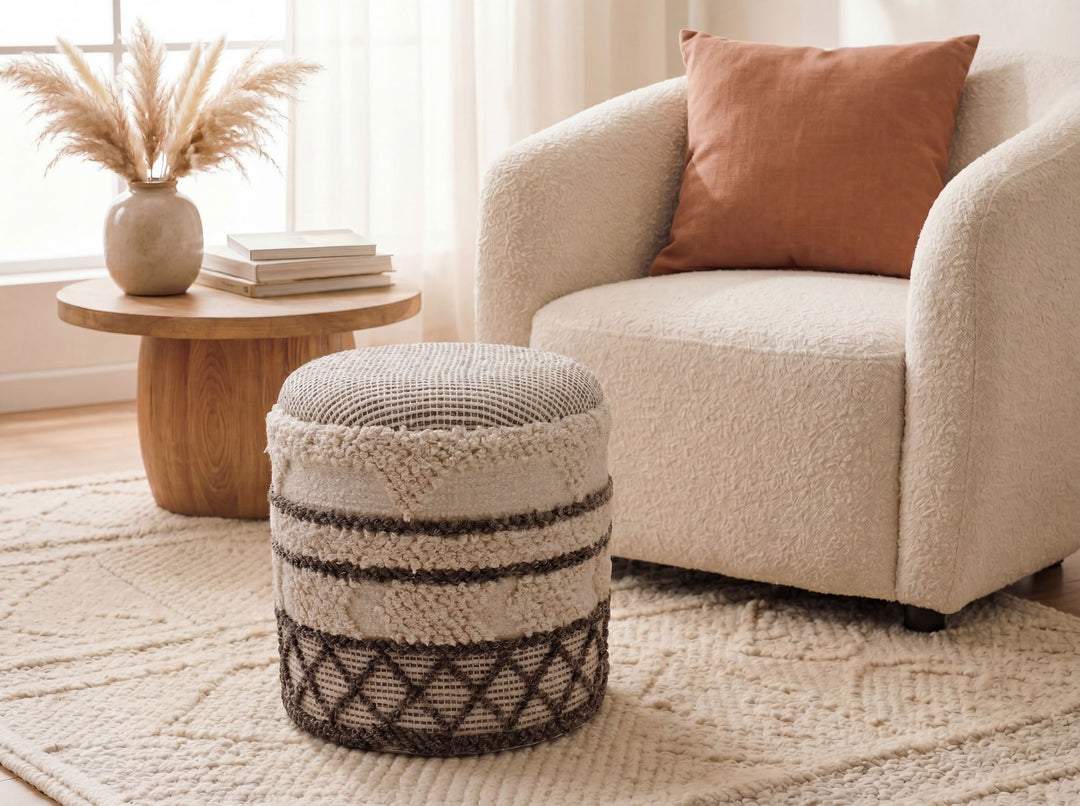 Puf med opbevaring i uld - Ø40 cm - Beige - Håndlavet