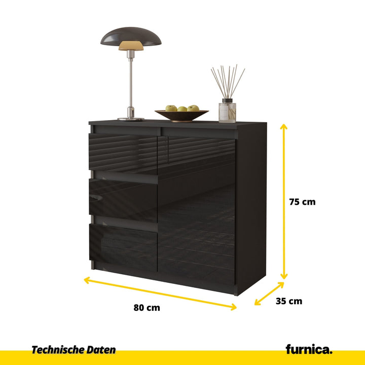 MIKEL - Kommode med 3 skuffer og 1 dør  - antracit-grå / højglans sort H75cm B80cm D35cm