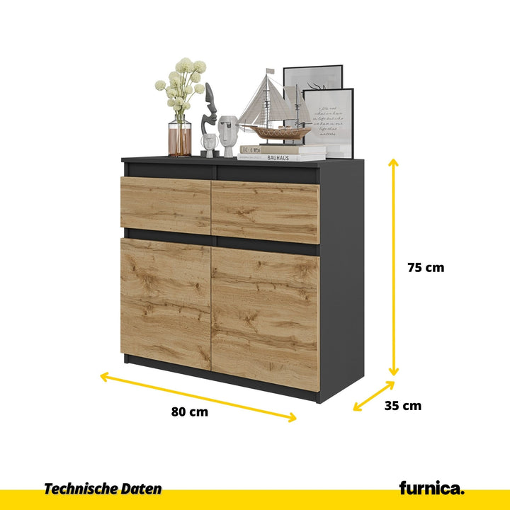 NOAH - Kommode med 2 skuffer - antracit-grå / naturfarvet H75cm B80cm D35cm