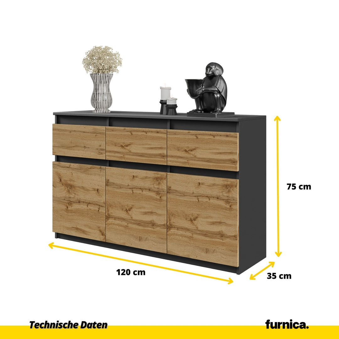 NOAH - Kommode med 3 skuffer - antracit-grå / naturfarvet H75cm B120cm D35cm