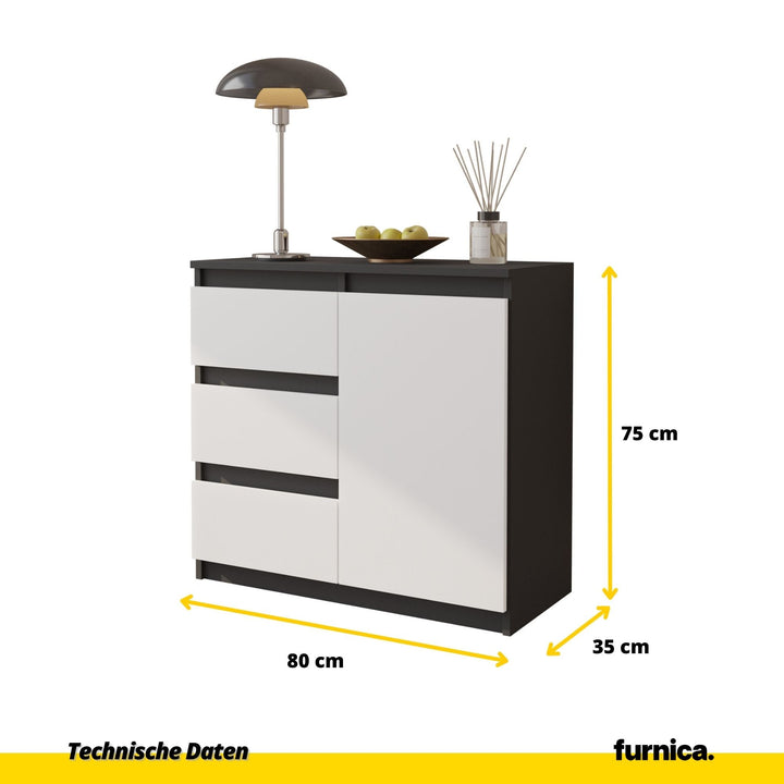 MIKEL - Kommode med 3 skuffer og 1 dør - antracitrå / mat hvid H75cm B80cm D35cm
