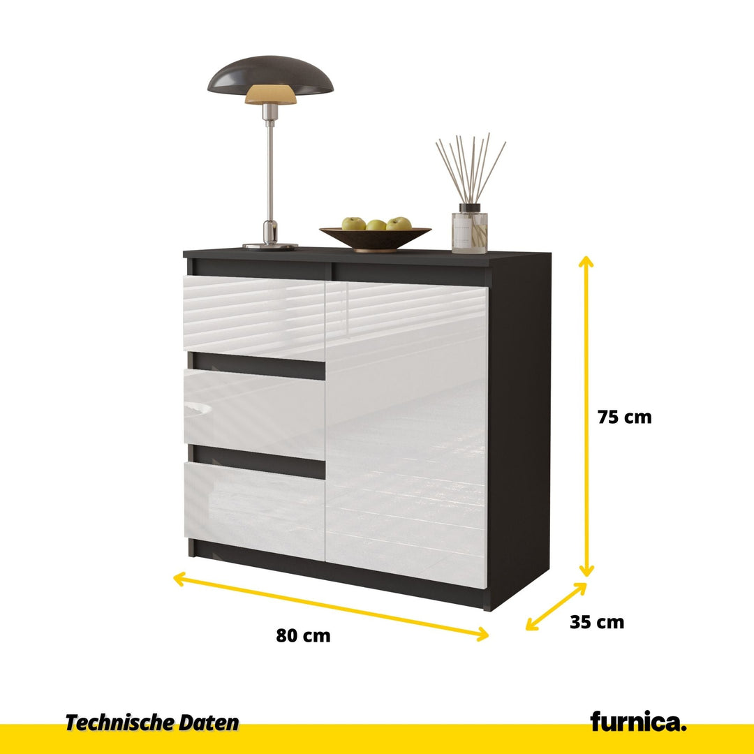 MIKEL - Kommode med 3 skuffer og 1 dør - antracit-grå / højglans hvid H75cm B80cm D35cm