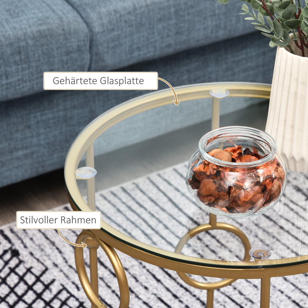 Sæt med 2 sofaborde, sideborde med glasplade, stueborde med dæk- og kugledesign, 41 x 57 cm, guld