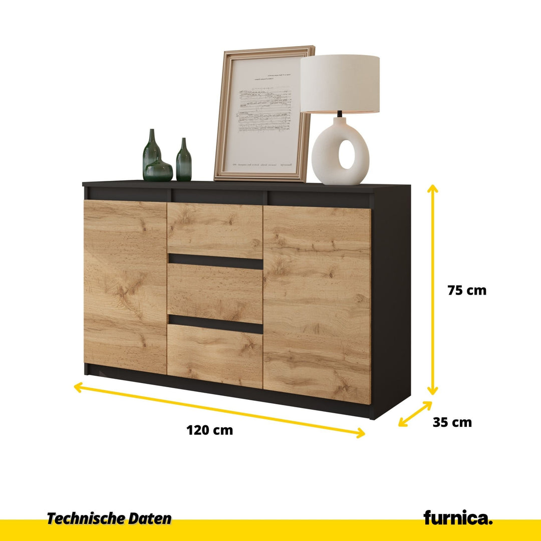 MIKEL - Kommode med 3 skuffer - antracit-grå / naturfarvet H75cm B120cm D35cm
