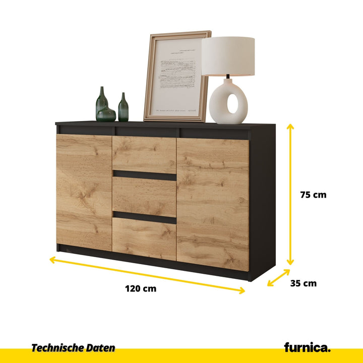 MIKEL - Kommode med 3 skuffer - antracit-grå / naturfarvet H75cm B120cm D35cm