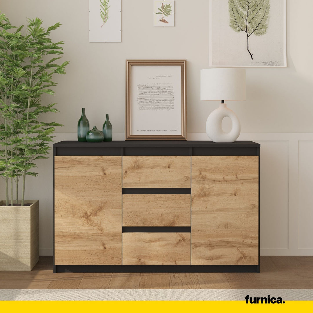 MIKEL - Kommode med 3 skuffer - antracit-grå / naturfarvet H75cm B120cm D35cm