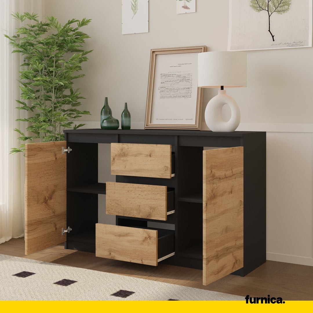 MIKEL - Kommode med 3 skuffer - antracit-grå / naturfarvet H75cm B120cm D35cm