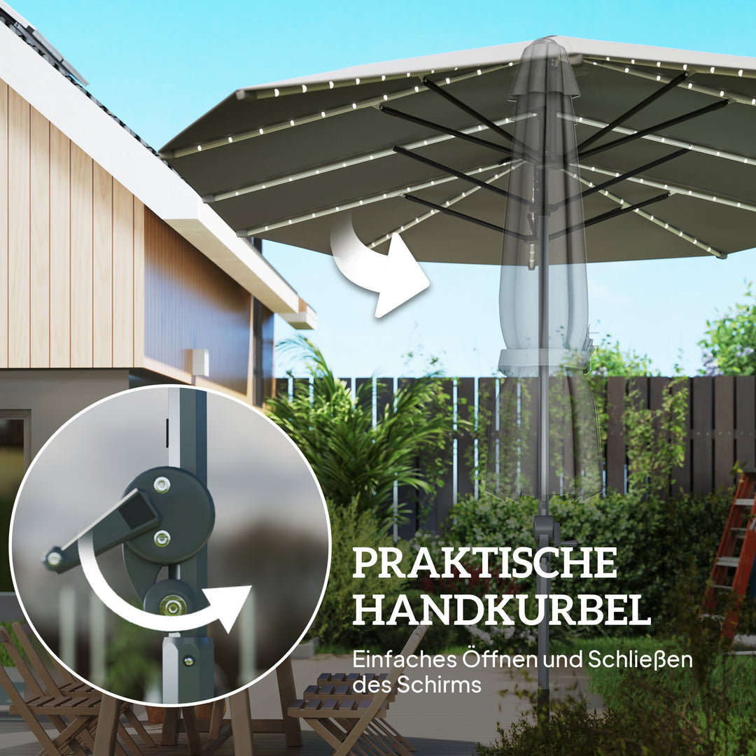 Dobbeltparasol med solcellelys, aluminium, polyester, upf 50+ beskyttelse, uv-resistent, terrasseparasol, mørkegrå