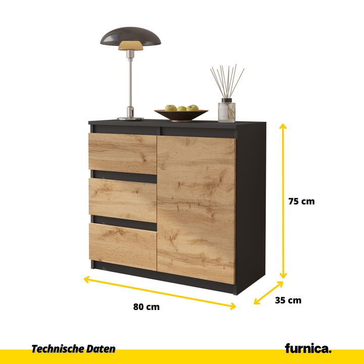 MIKEL - Kommode med 3 skuffer og 1 dør - antracitgrå / naturfarvet, H75cm B80cm D35cm