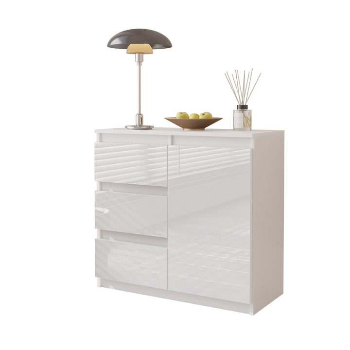 MIKEL - Kommode med 3 skuffer - mat hvid / højglans hvid H75cm B80cm D35cm