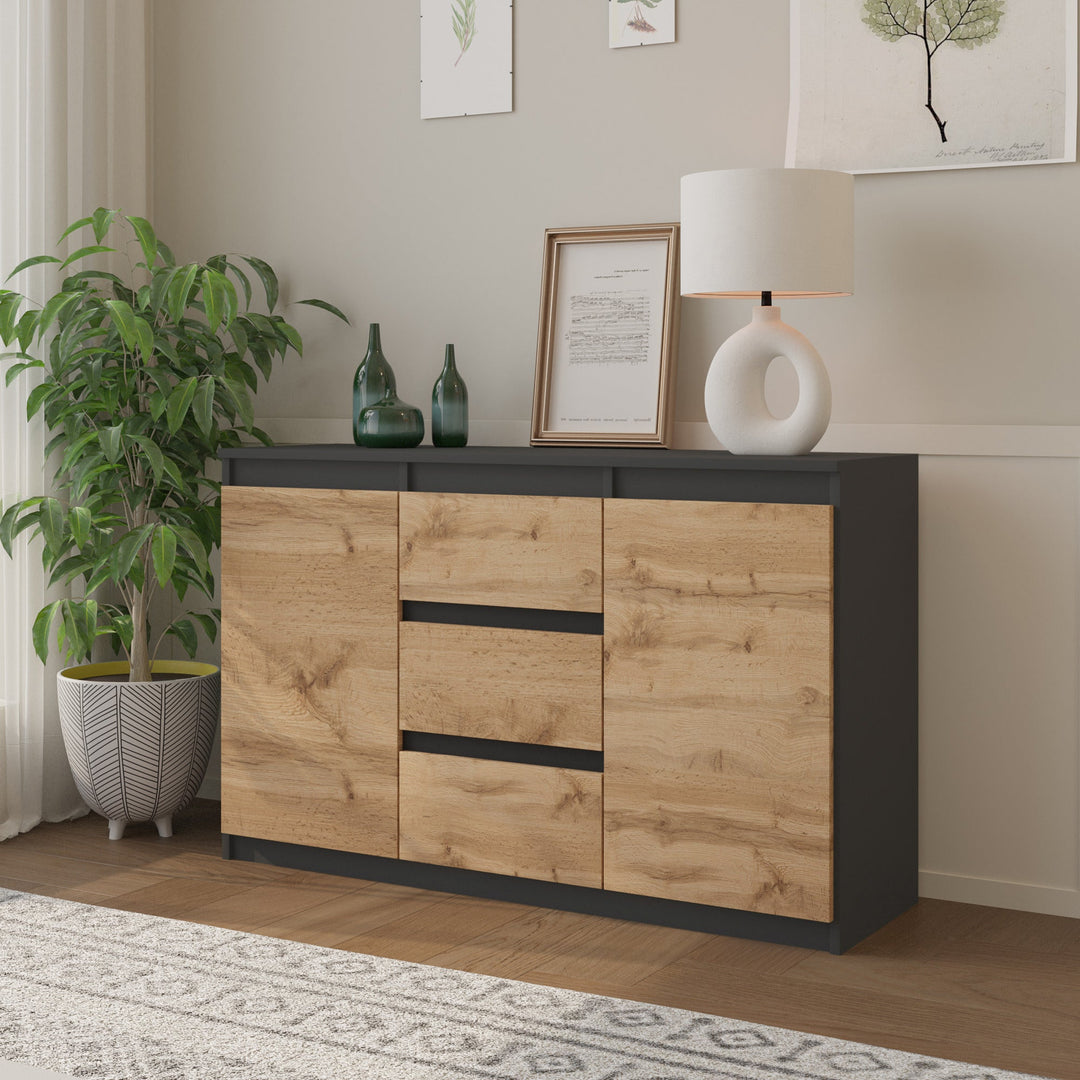 MIKEL - Kommode med 3 skuffer - antracit-grå / naturfarvet H75cm B120cm D35cm