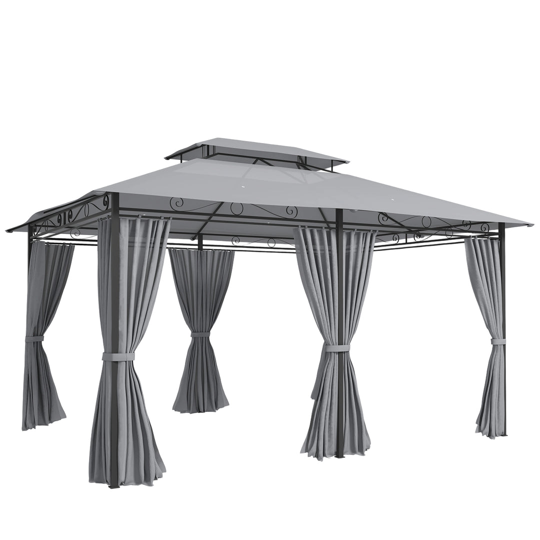 Havepavillon, udendørs pavillon med gardiner, ventileret tag, mørkegrå
