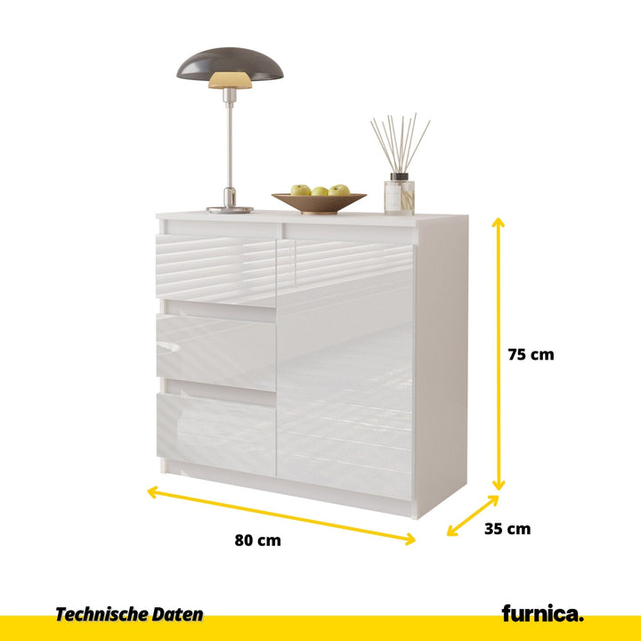 MIKEL - Kommode med 3 skuffer - mat hvid / højglans hvid H75cm B80cm D35cm