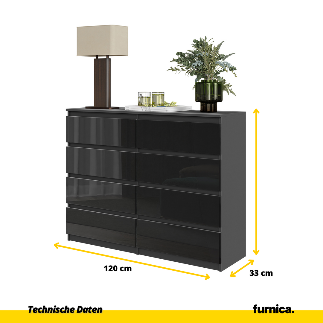 GABRIEL – kommode / sideboard med 8 skuffer – antracit / sort højglans – H92 cm B120 cm D33 cm