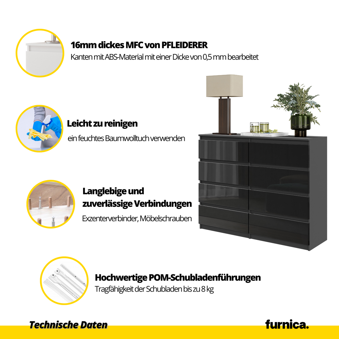 GABRIEL – kommode / sideboard med 8 skuffer – antracit / sort højglans – H92 cm B120 cm D33 cm
