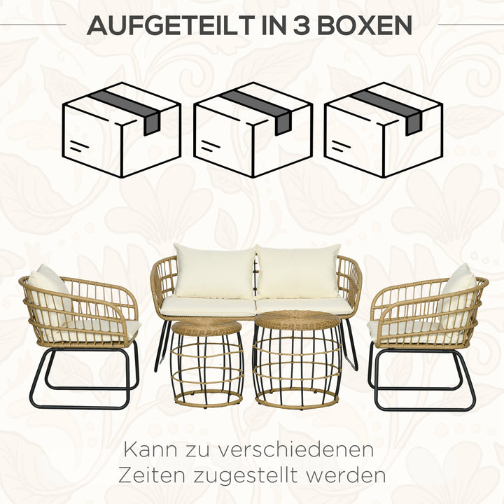 Rattan loungesæt udendørs siddegruppe, boho stil, 5-delt sæt, 145 x 70 x 78 cm, creme + natur + sort