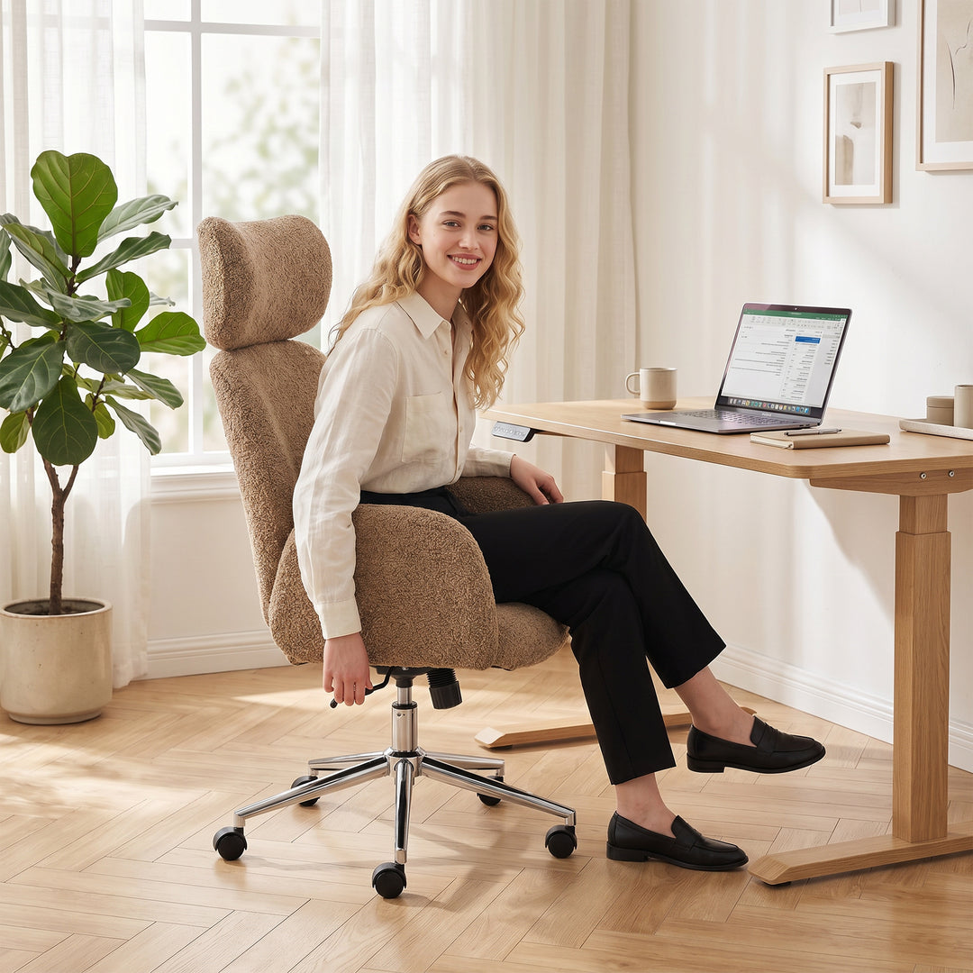 Kontorstol med justerbar nakkestøtte, ergonomisk skrivebordsstol, vippefunktion, højdejusterbar, brun