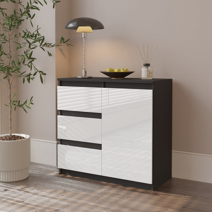 MIKEL - Kommode med 3 skuffer og 1 dør - antracit-grå / højglans hvid H75cm B80cm D35cm