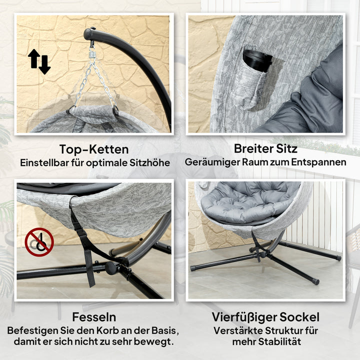 Ægformet hængekurv, hængestol med gyngefunktion og foldbar kurv, havestol, kopholder, grå