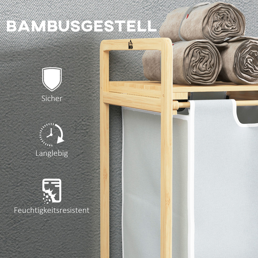 Vasketøjskurv med 2 vasketøjsposer, 1 hylde, bambus, 63,5 cm x 33 cm x 73 cm, lysegrå + natur