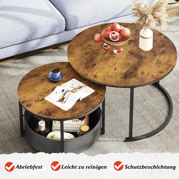 WLIVE sofabordsæt med 2, runde borde med diametre på 80 cm og 60 cm, opbevaringsplads og metalstel, velegnet til stue, rustik brun
