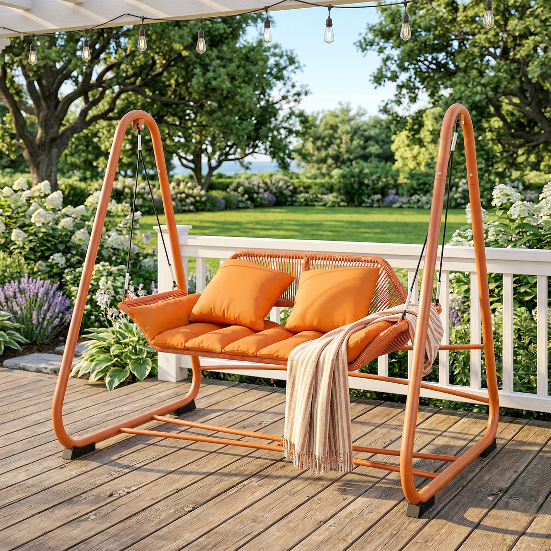 Hollywood gynge, havegynge med hynder, stel, til haven, balkon, 174 x 120 x 162 cm, metal, terrakotta