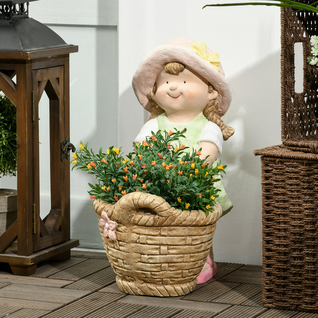Havefigur "Pige med blomsterkurv", havedekoration, vejrbestandig, 20 cm x 30 cm x 40 cm