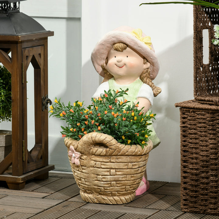 Havefigur "Pige med blomsterkurv", havedekoration, vejrbestandig, 20 cm x 30 cm x 40 cm