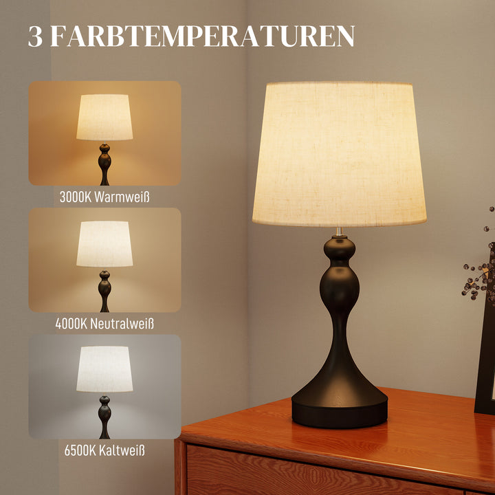 LED-bordlampe med 3 farvetemperaturer, sengelampe med USB A+C-opladeporte, skærm i linned, sort