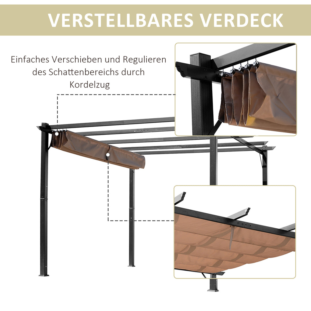 Pergola pavillon med justerbart stoftag 3 x 4 m terrassebaldakin aluminium solskærm baldakin terrasse have grå+brun