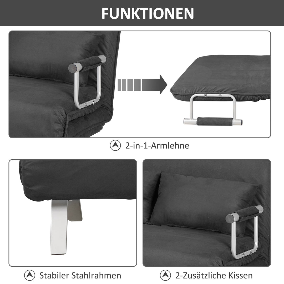 Sovesofa med justerbar ryglæn, pyntepuder, sofa med sovefunktion, fløjlslook, armlæn, gæsteseng, klapstol til stue, soveværelse, grå