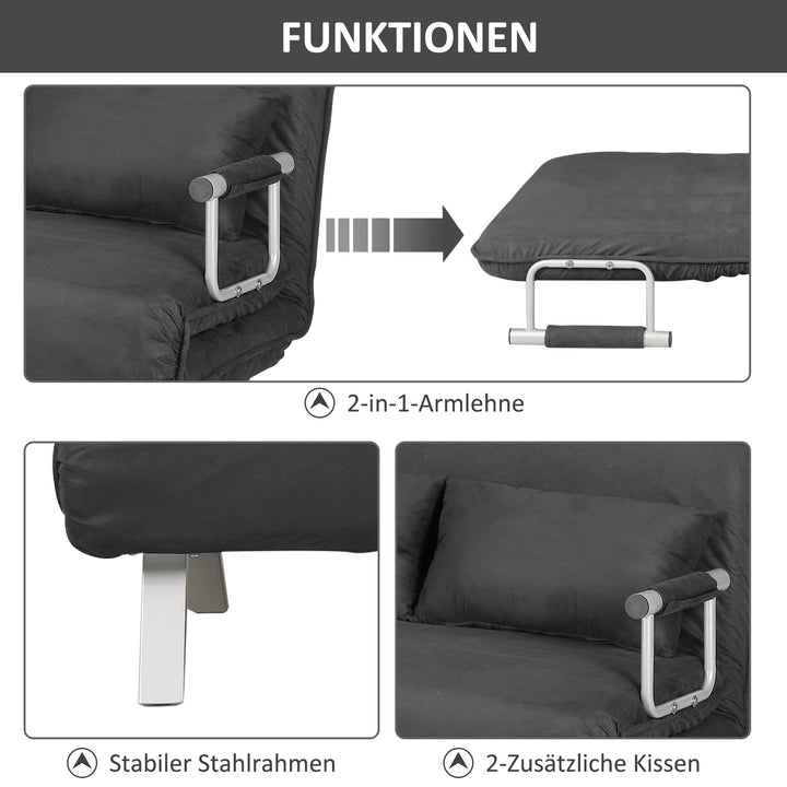 Sovesofa med justerbar ryglæn, pyntepuder, sofa med sovefunktion, fløjlslook, armlæn, gæsteseng, klapstol til stue, soveværelse, grå