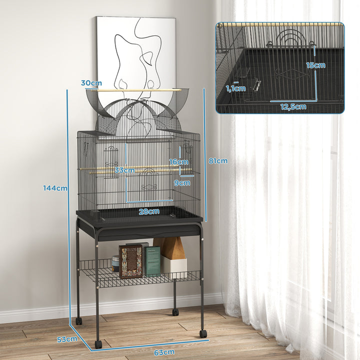 Fuglebur til kanariefugle og undulater, mobil, med bundrum, metalnet, sort