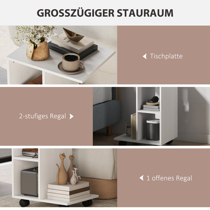 C-formet sidebord, sofabord, hjørneskrivebord, med hjul, e1 spånplade, 45 x 35 x 58 cm, hvid